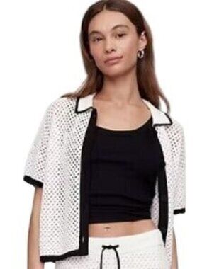 Gap Women's Collared Crochet Short Sleeve Sweater White Short Size Lg NWT